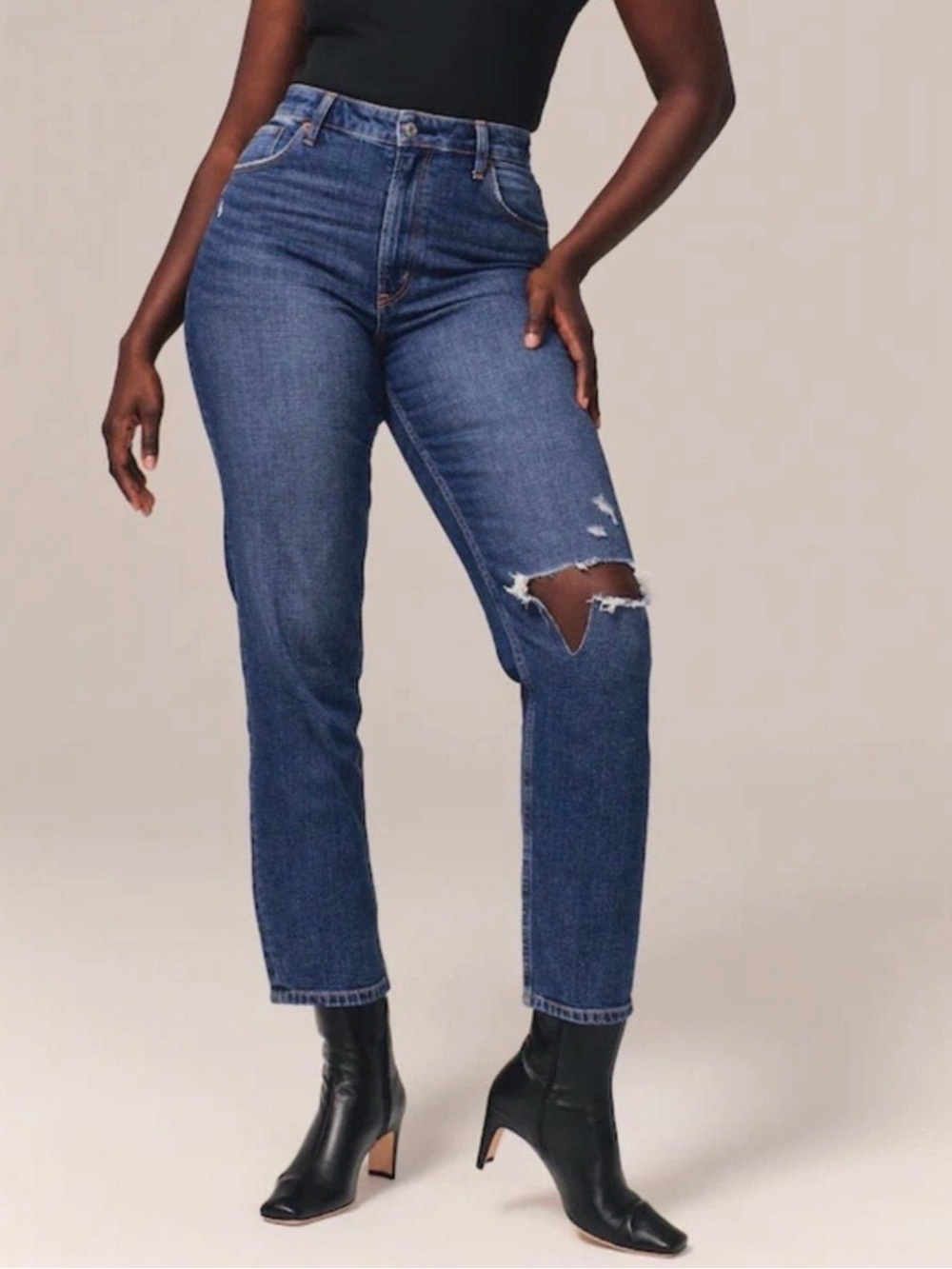 Abercrombie & Fitch 22R - High-Rise Ripped Straight Jeans - Dark Blue